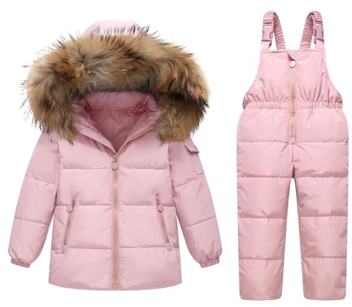 JiAmy Kinder Schneeanzug Daunenjacke mit Kaputze + Schneelatzhose, Winter Bekleidungsset Mädchen Winterjacke und Skihose 2pcs Outfit Set, Rosa 8-9 Jahre