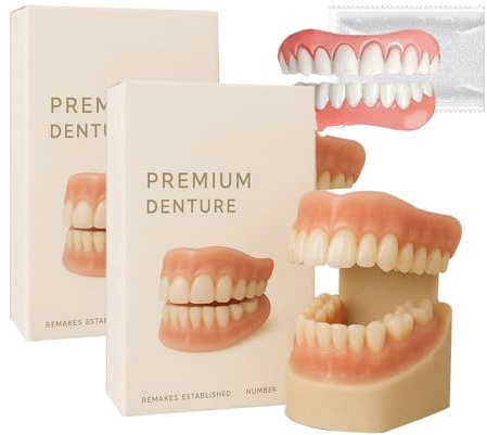Dentiera premium, set di protesi in silicone morbido, kit di riparazione per protesi per uomini e donne, kit di protesi superiore e inferiore, vestibilità comoda (2 set)