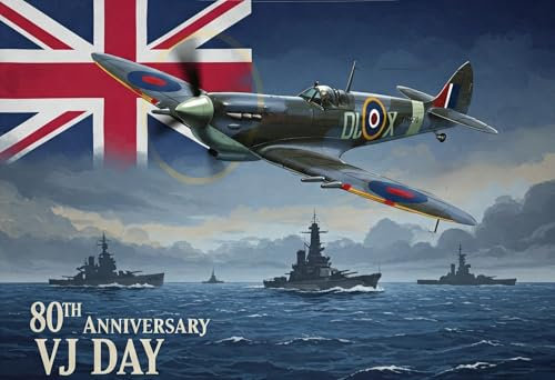 2025 VJ Day 80th Anniversary 3x5ft Flag Banner Decorations Memorabilia 80 Years Victory JapanV-J day, Patriotic Spitfire Decorations for Victory Battleships RAF WW2 1945 Union Jack