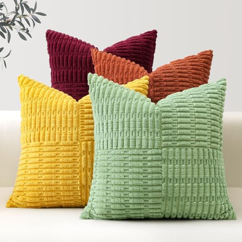 Sungeek 4er Set Cord Kissenbezüge, Kreuz Streifen Muster Kordsamt Kissenbezug Sofakissen Dekokissen Patchwork Design Boho Zierkissenbezüge Deko Kissenhülle für Wohnzimmer (50x50cm, Gelb Rost)