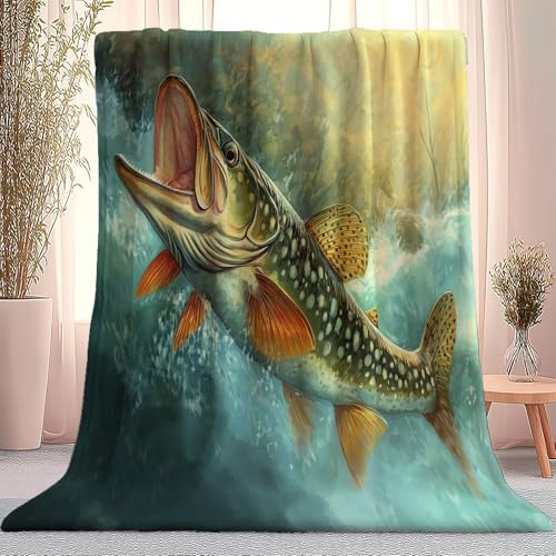 Spezialschrift Tier Fisch Wasserspritzer Flanelldecke, Super Weiche Flauschige Sherpa Decke Tagesdecke Sofadecke, Warme Comfort Bedruckte Kuscheldecke für Couch Bett Sofa Deko 130×150 cm