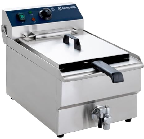 GastroHero Elektro Fritteuse, 13 L, 400 V, Edelstahl EF-ECO10A | mit Ablasshahn, Thermostat, stufenlos regelbare Temperatur, 1 Frittierkorb mit Haken, 5 kW, inkl. Sicherheitsabschaltung