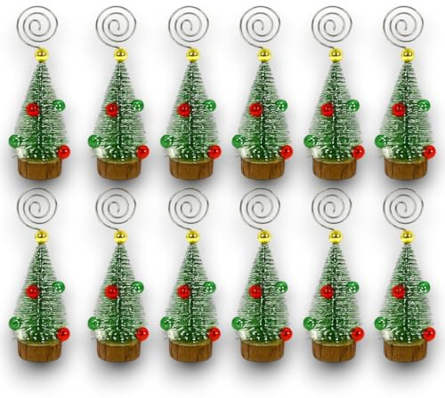 KORAT Set 12 Segnaposti Natalizi Albero di Natale con Base in Legno Portafoto o Portacartoncino Nome 13 cm Decorazioni Natalizie Tavola, Idee Regalo e Addobbi Festivi per Cena o Pranzo di Natale