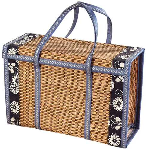 Picknickkorb, 14 x 10 x 7, Faltbare, aus Bambus gewebte Picknicktasche mit Tragetasche und Blumenbesatz, rustikaler und natürlicher tragbarer Korb für Obst, Lebensmittel, Lebensmittelgeschäft, Tasche