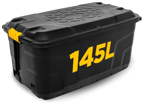 NOVECRAFTO 145L Storage Box on Wheels with Lid Padlockable Heavy-Duty Black | Clip-lock handles, weather-resistant, 4 corner padlock holes, padlock not included, carry handles, lid grooves for stacking
