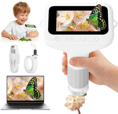 ASPOVEN Digitales Mikroskop Kinder 1000x, 3,0-Zoll-Handmikroskop (Weiß) | Tragbares Kindermikroskop mit 8 LED-Leuchten, Foto, Videofunktion und PC-kompatibel für Garten, Wald, Outdoor & Geschenk