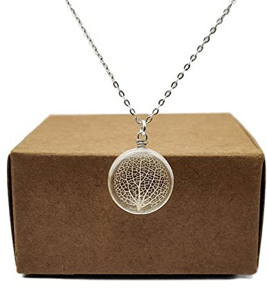 Kabbalah Tree of Life Leaf Vein Real Flower Petal Round Glass Pendant 925 Sterling Silver Necklace for Women Handmade