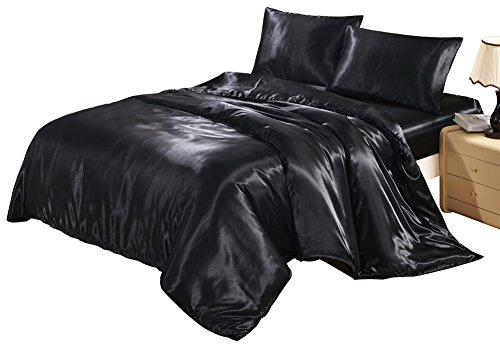 Lucky Lover bedding-hotel Qualität Seide wie Bettbezug-Set mit versteckter Reißverschluss Kabelbinder 3 PCS (1 Bettbezug, schwarz, Queen