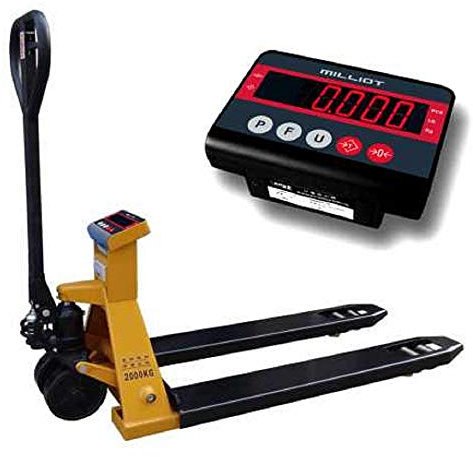 MILLIOT Transpalette peseur NDP robuste et précis. Portée maximale 2 Tonnes. Précision 500g. Idéal pour service logistique. Marque française.