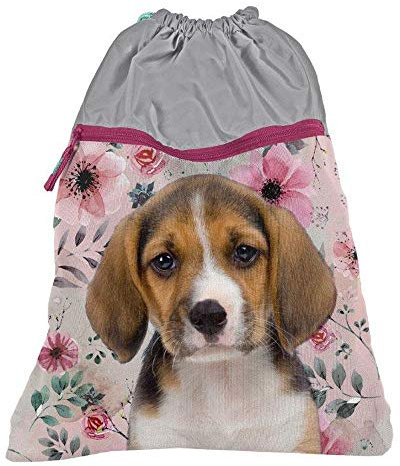 PREMIUM KINDER TURNBEUTEL/SPORTBEUTEL 43x34 cm - HUND MIT BLUMEN - PINK/GRAU
