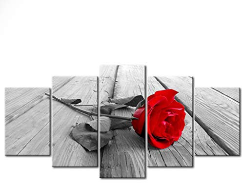 decomonkey - Impression sur Toile Fleurs Rose rouge 200x100 5 Pièces - Tableau Décoration Appartement Cadre en Bois Déco Salon Peinture sur Toile Maison Bois rouge fleurs nature plantes roses