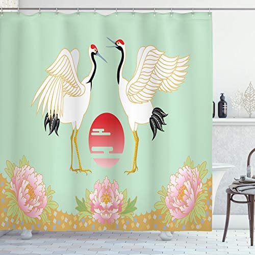 ABAKUHAUS Japan Duschvorhang, Japanischer Cranes Sonnenaufgang, Stoffliches Gewebe Badezimmerdekorationsset mit Haken, 175 x 180 cm, Mintgrün