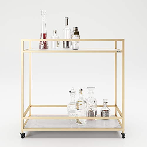 PLAYBOY Servierwagen in Gold/Mamoroptik mit 2 Ablagen, goldfarbener Rollwagen mit Marmorablage, Minibar auf Rollen, Retro-Design für Wohnzimmer, Esszimmer, Arbeitszimmer, Küche & Lounge, Barmöbel, 90 x 87 x 40 cm