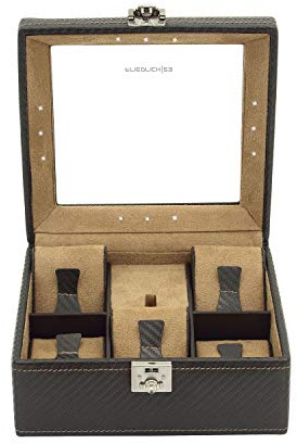 SELVA LED-Uhrenkasten – Für 5 Uhren – 12 LED-Spots – EIN-/Ausschalter – Uhrenkissen – Material: Feinsynthetik/Velours – BRAUN – Maße: 18 x 17 x 9 cm.