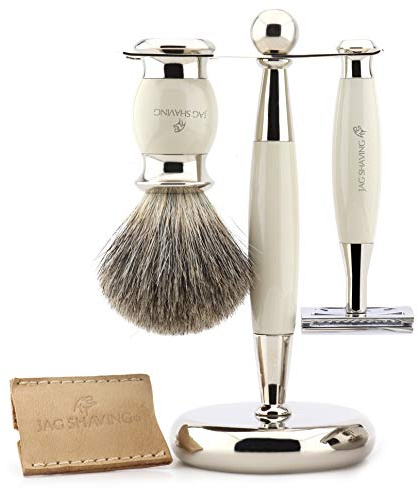 Jag Shaving Elfenbeinfarbenes Herren-Rasierset, zweischneidig, mit Lederetui, Super-Dachshaarpinsel und Ständer, perfektes Set für Männer