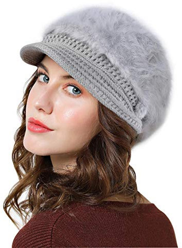 Genfien Schirmmütze für Damen, dick, mit Fleece gefüttert, Wintermütze, Strickmütze, Vintage-Stil, gehäkelt, Schirm, schick, leicht, Winter, grau, Einheitsgröße