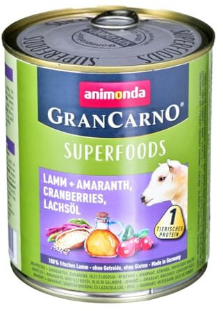 animonda GranCarno Hunde Nassfutter Superfoods Lamm + Amaranth (6 x800g), getreidefreies Hundenassfutter ohne Zucker, für ausgewachsene Hunde, mit frischen fleischigen Zutaten