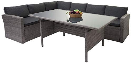 Mendler Poly-Rattan-Garnitur HWC-A29, Gartengarnitur Sitzgruppe Lounge-Esstisch-Set Sofa - grau, Kissen grau