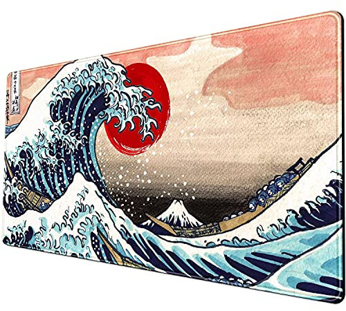 Tapis de souris de style japonais XL, tapis de souris de jeu à motif grande vague, Kanagawa, soleil, aquarelle, tapis de bureau complet 30 x 40 cm, bords cousus, surface lisse, grand tapis de souris
