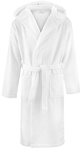 herzbach home Bademantel Herren Kapuze Baumwolle Frottee lang (Weiß, XL) – hochwertig, flauschig & saugstark