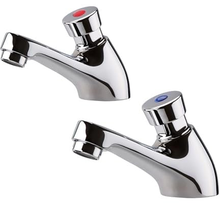 ENKI, Vision, BT4006, Chrome, Self-Closing Delay Action Twin Bathroom Taps, Solid Brass Non-Concussive Taps for Bathroom Sink, Push Button Bathroom Basin Monobloc Pillar Tap, 1 Year Guarantee