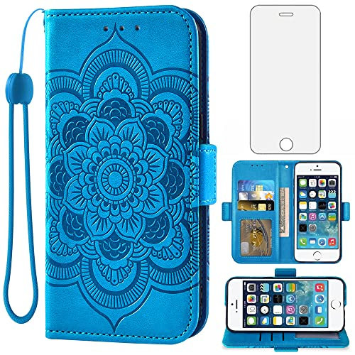 Asuwish Funda para iPhone 5S/5/SE 2016 con Cristal Templado Protector Pantalla Vidrio Pelicula Protectora Libro Cuero Piel Tarjetero Soporte i 5SE 1 S SE2016 1. Generation Tapa Carcasa Capa Case Azul