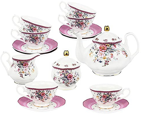 fanquare 21 Stück Porzellan Tee Party Set, Rosa Rose Blume Teetasse und Untertasse für 6 Personen, Königlich China Kaffee Set