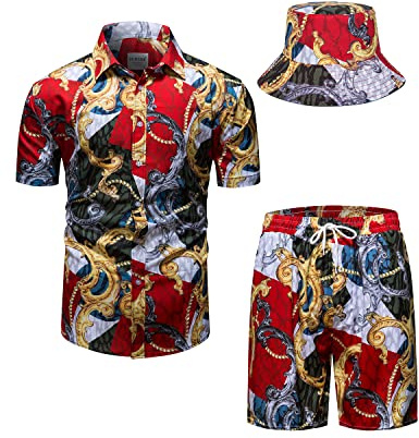 fohemr Herren barock 2-Teiliges Outfit Golden Chain Muster Rot Hemd shorts mit Eimerhut Freizeitanzug Sommer Urlaub Strand set Large