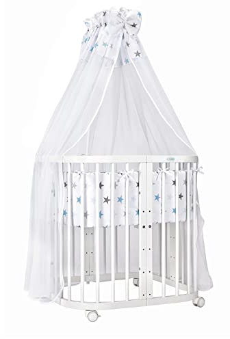 Waldin Babybett aus Holz 7in1 mit Matratze, Mitwachsendes Kinder-Bett, Belüftet, Boden 5-Fach Verstellbar, All-Inclusive-Set, Holz Weiß, Stoffe Sterne Blau