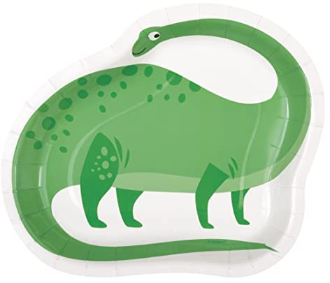 Unique 23609 Shaped Paper Plates-21 cm-Blue & Green Dinosaur Party-8 Count (Pack of 1), Multicolour
