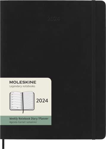 Moleskine Wochenplaner mit Platz für Notizen 12 Monate 2024, Planer 2024, XL-Format 19x25, Weicher Einband und elastischer Verschluss, Farbe Schwarz