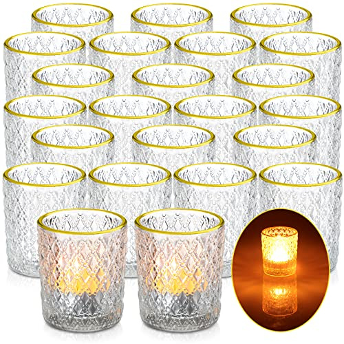 Lot de 24 bougeoirs en Verre Transparent avec Bord doré en Relief pour Centre de Table, Mariage, Anniversaire, décoration de Vacances