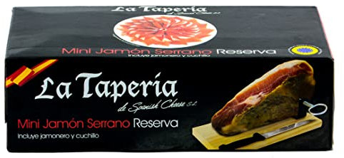 Hymor Serrano-Schinken am Stück Reserva - 1x 950g Set - Jamon Serrano in Premium-Qualität, mindestens 14 Monate gereift, mit Holzhalter und Schinkenmesser, praktische Geschenk-Box als Tapas (1er Set)