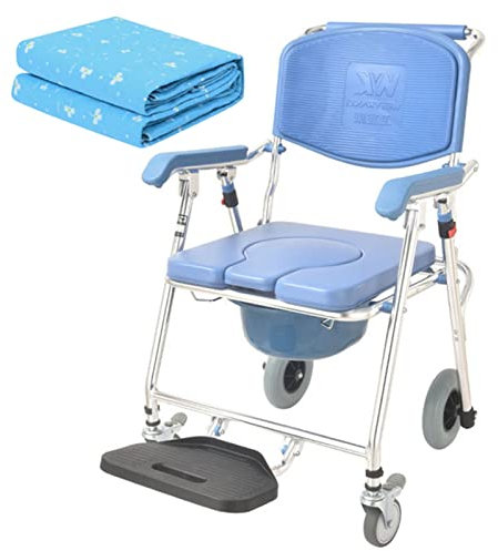 Samnuerly Dusch-Kommoden-Rollstuhl, 4 in 1 Faltbarer Transport-Nachtkommode mit Rädern Rollstuhl höhen- und pedalverstellbarer Duschrollstuhl für ältere Menschen A (B) (B)