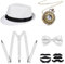 NITAIUN 1920er Herren Zubehör, Mafia Karneval Kostüm Herren, Great Gatsby Kostüm Set, 20er Jahre Accessoires, mit Panama Hut Taschenuhr Verstellbar Hosenträger Fliege Falscher Bart (Style F)