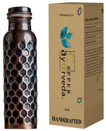 Kupfer Ayurveda Kupfer Wasserflasche zum Trinken,32oz Antik Schwarz Diamant Reines Kupfer Wasserflasche,Reise Wasserflasche für Fitnessstudio, Büro, Outdoor,ayurvedische Wasserflasche mit Deckel
