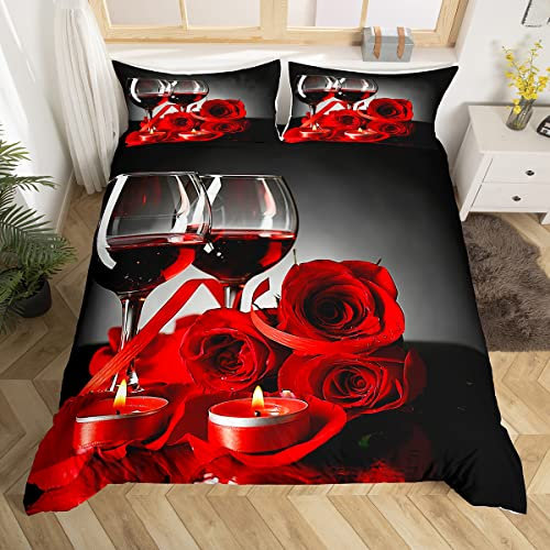 Erosebridal Rose Floral Duvet Cover Queen for Women Girls Couple 3D Red Rose Wine Glass Bedding Set Botanical Comforter Cover Luxury Microfiber Bedspread Cover with 2 Pillowcases Zipper, Black Grey