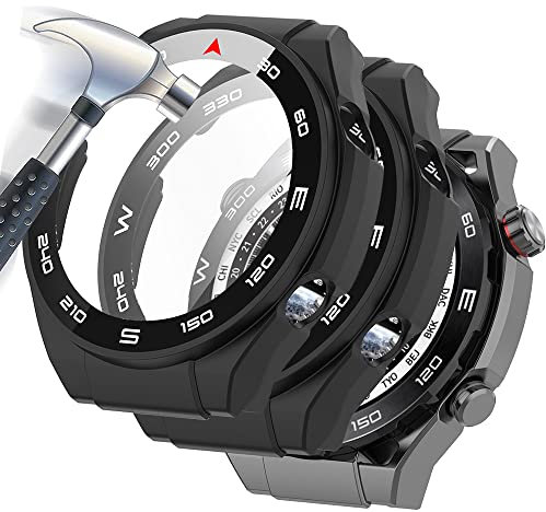 Acadeny 2 piezas Funda con Vidrio Templado Compatible con huawei watch Ultimate, [Cubierta Completa] PC Case y Protector de Pantalla para -negro+negro