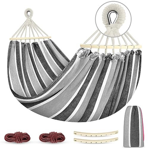 Hamaca Jardin, Hamaca Colgante Tela con Travesaños de Madera para Casa Exterior Camping, Capacidad de Carga de 250 kg, 275 x 155 cm