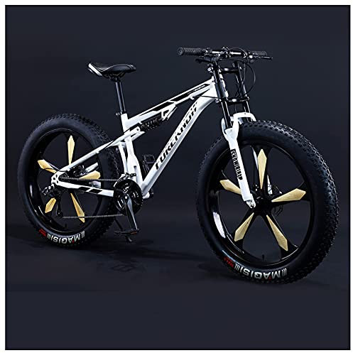 REOTEL 26 Zoll Mountainbike Herren Damen Mountainbike Fatbike, 7/21/24/27/30 Gang-Schaltung Erwachsene Fette Reifen Fahrrad, Rahmen Kohlenstoffstahl Vollfederung Bike,White 5 Spoke,21 Speed
