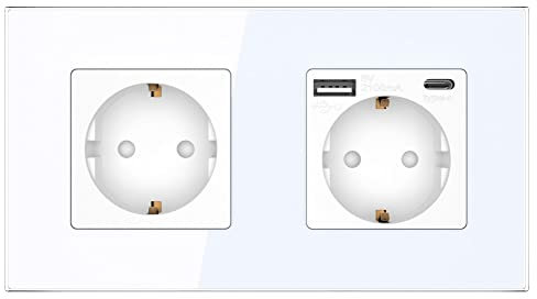 PULSAR Steckdose Unterputz mit USB-C, USB-A 2-Fach Weiß Glas - Schuko-Steckdose mit 20W Schnellladegerät - Wandsteckdose 16A mit Kindersicherung 157x86mm