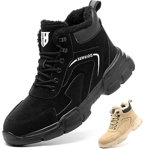 Bawalon Sicherheitsstiefel Herren Leicht Sicherheitsschuhe Herren Damen Wasserdicht Warme Gefüttert Arbeitsschuhe mit Stahlkappe Schwarz-Fellfutter 45 EU