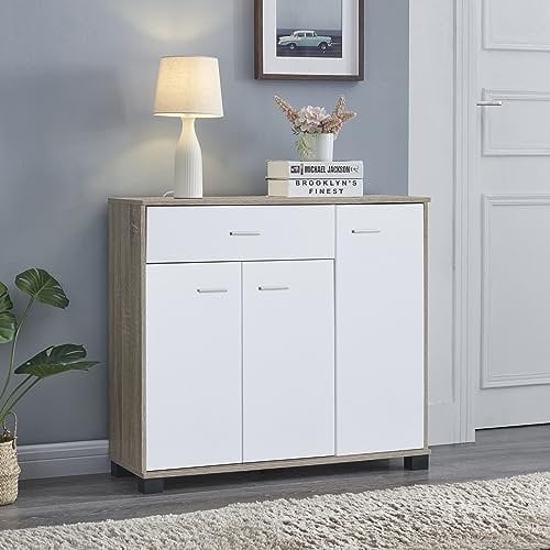 [en.casa] Sideboard Bobeck Flurschrank Mehrzweckschrank Kommode mit Schublade Wonhzimmerschrank für Flur Wohnzimmer Schlafzimmer 72x80x28cm Eiche/Weiß