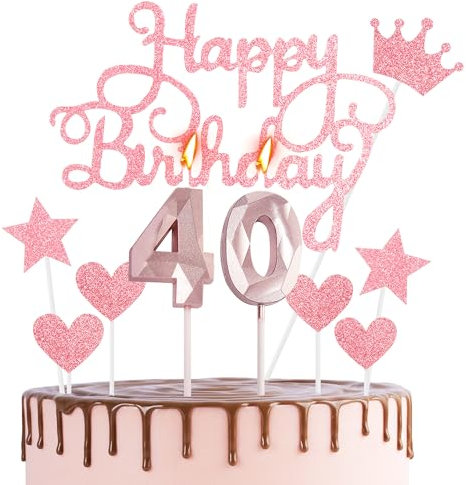 Happy 40th Birthday Cake Topper & Birthday Candles Rose Gold Number 40 Candles for Birthday Cake - Rose Pink 40th Birthday Candles Cake Cupcake Topper Birthday Cake Decorations for Women Her Birthday