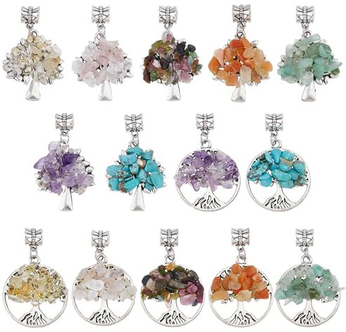 SUPERFINDINGS 1 pieza de 2 estilos de Colgantes de Árbol de la Vida con Piedras Preciosas de Cuarzo Cristalino, Colgantes de Chakra de Cuarzo, Encantos de Chips de Piedras Preciosas Mixtas