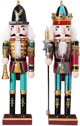 Soldado Cascanueces de 30 cm - Cascanueces de Madera para Decoración Navideña de Chimenea - Pack de 2 Figuras de Cascanueces para Interior - Cascanueces de Navidad (Azul)
