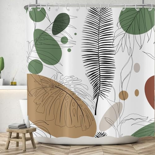 ASDCXZ Boho Blätter Duschvorhang 180x180 cm, Modern Abstrakt Kunst Boho Schwarz Blätter Grün Braun Weiß Bad Waschbar Duschvorhänge Polyester Textil Wasserdicht Badevorhang für Badewanne mit 12 Haken
