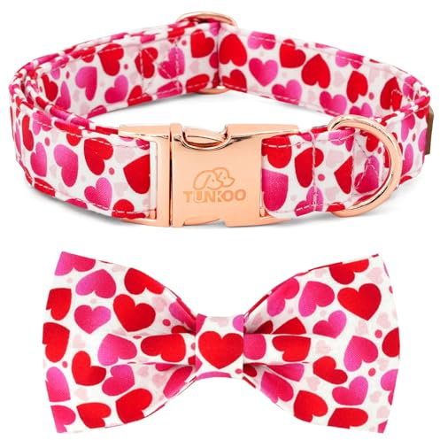 Tunkoo Valentine's Day Dog Collar with Bow Tie - Adjustable and Adorable Pet Collar - Red Hearts with Rose Gold Buckle for Large Medium Small Dog Walking, S
