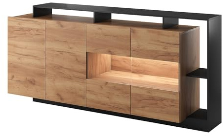 Vente-unique - Sideboard mit 4 Türen & 4 Ablagefächern - Mit LED-Beleuchtung - Holzfarben hell und Anthrazit - IDESIA