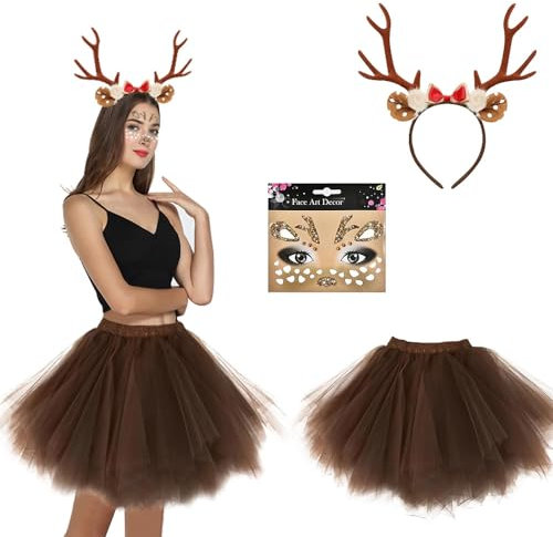 Jiahuade Karneval Kostüm Damen Rentier,Rentier Geweih Haarreifen,Haarreif Reh Geweih,Haarreif Rentier mit Tüllrock,Haarreifen Fasching Damen,Bambi Reh Kostüm